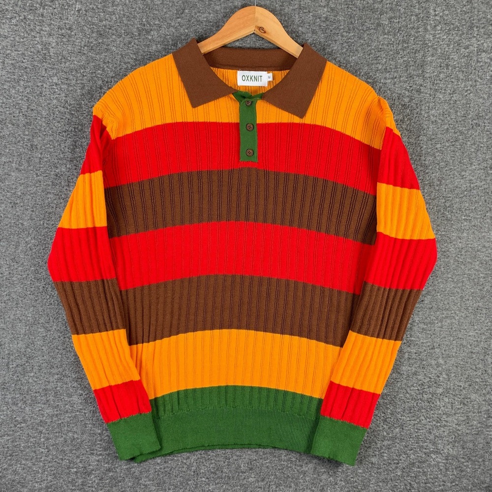Oxknit Polo Men Medium Retro 70s Hippie Vibrant Stripe Disco Rockabilly